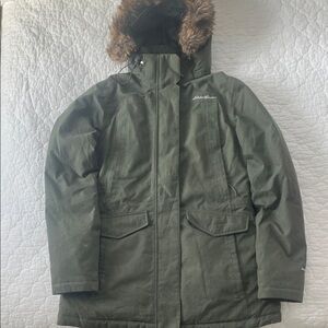 Eddie Bauer Olive Jacket with Faux Fur Trim